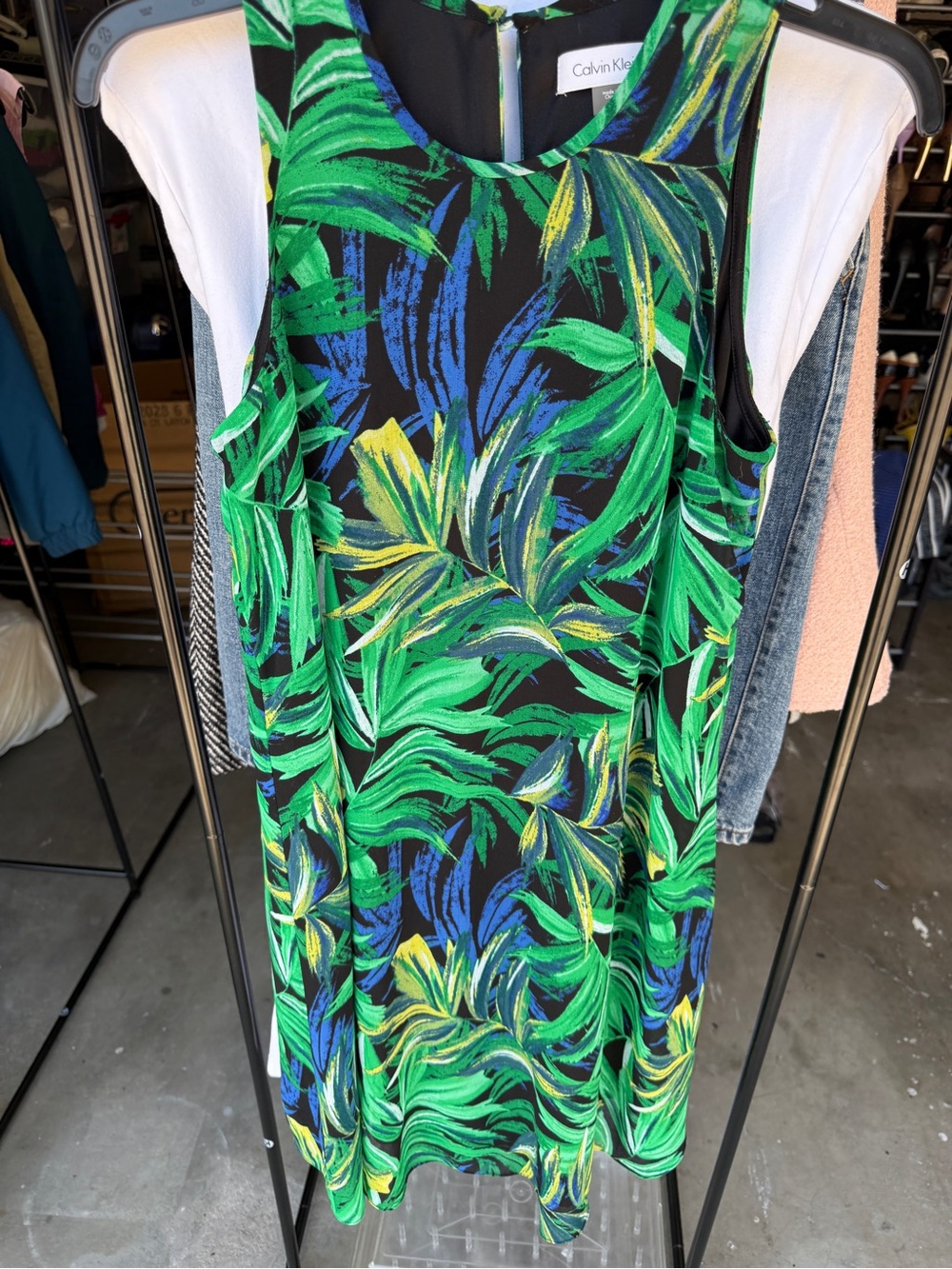 Calvin Klein Black Tropical Leaf Shift Dress with Green & Blue Accents..Size 4!